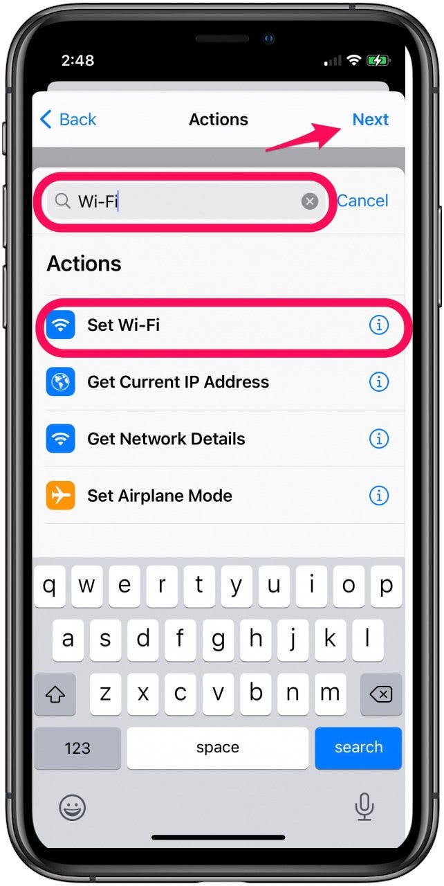 Search for Wi-Fi and tap on Set Wi-Fi in the search results. Then tap Next.