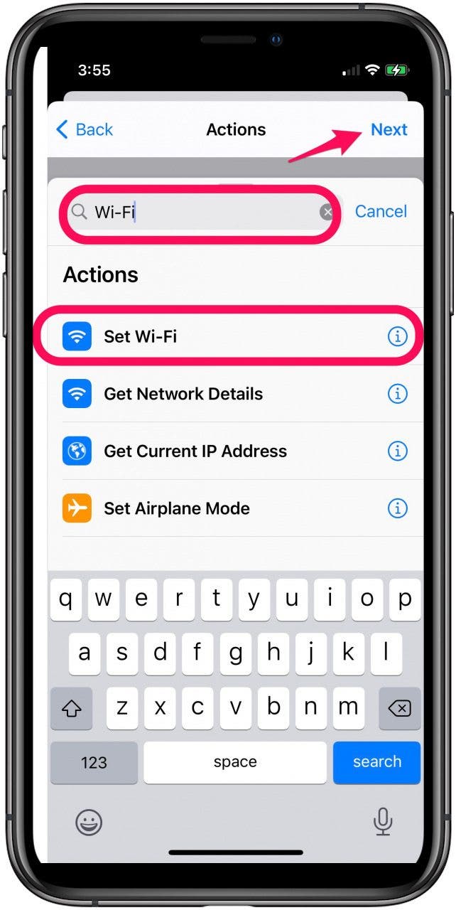 Search for Wi-Fi and tap on Set Wi-Fi in the search results. Then tap Next.