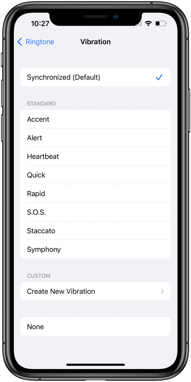 Vibration settings screen