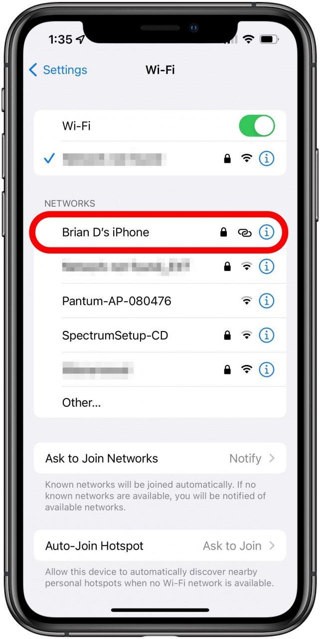 Wi-Fi settings on another phone with the hotspot marked.